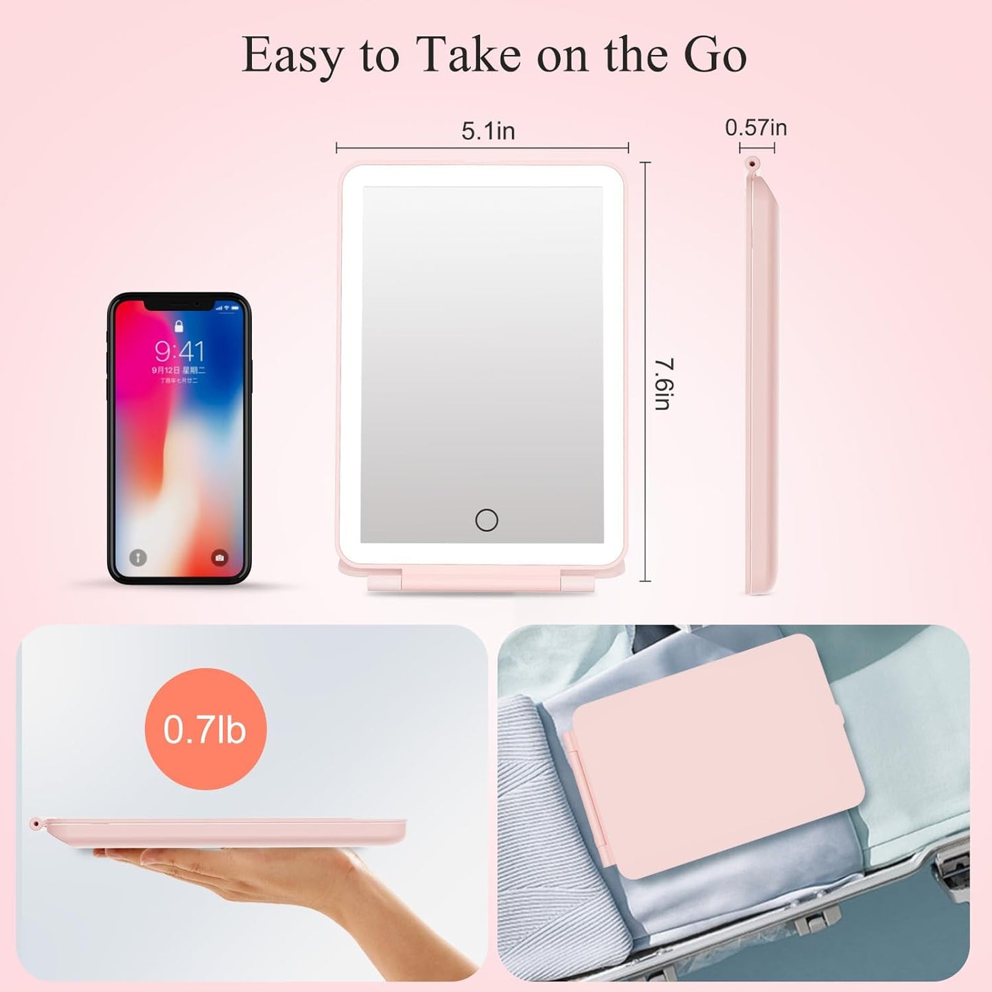 FUNTOUCH Rechargeable Travel Makeup Mirror with 72 Led Lights, Portable Lighted Makeup Mirror, 3 Color Lighting, Dimmable Touch Screen, Type C, Tabletop LED Folding Cosmetic Vanity Mirror (Pink)