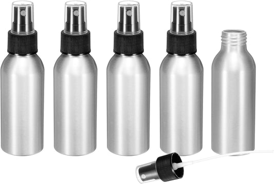 HARFINGTON 5pcs Aluminum Fine Mist Spray Bottles 100ml/3.4oz Metal Small Liquid Alcohol Refillable Travel Container with Black Plastic Nozzle Cap for Perfume Skincare Cosmetic Storage Bottle