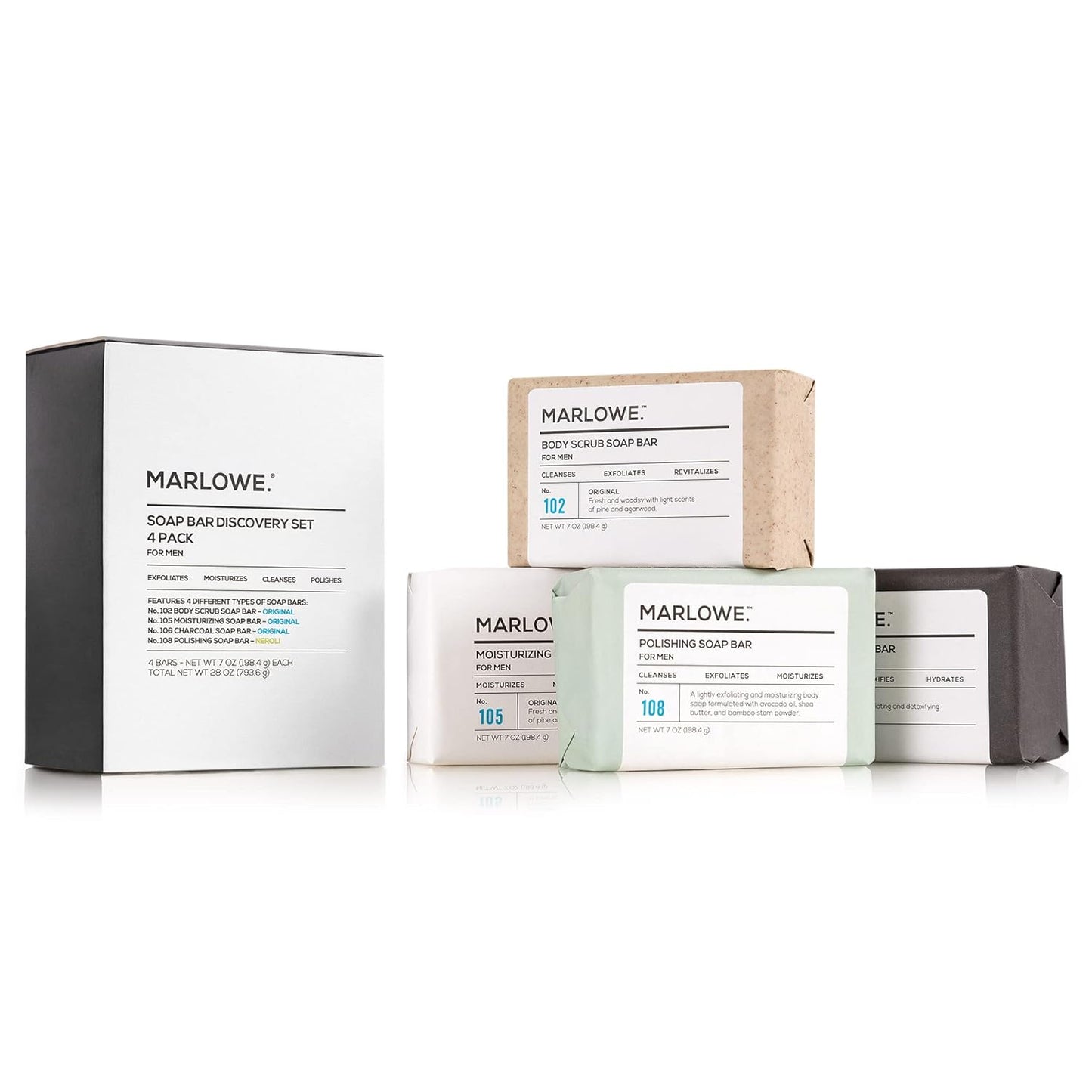 MARLOWE. Soap Discovery Gift Set, Mens Skin Care Variety Selection of Exfoliating Body Scrub, Charcoal, Moisturizing & Polishing Body Bar Soaps for Men, 4 Pack