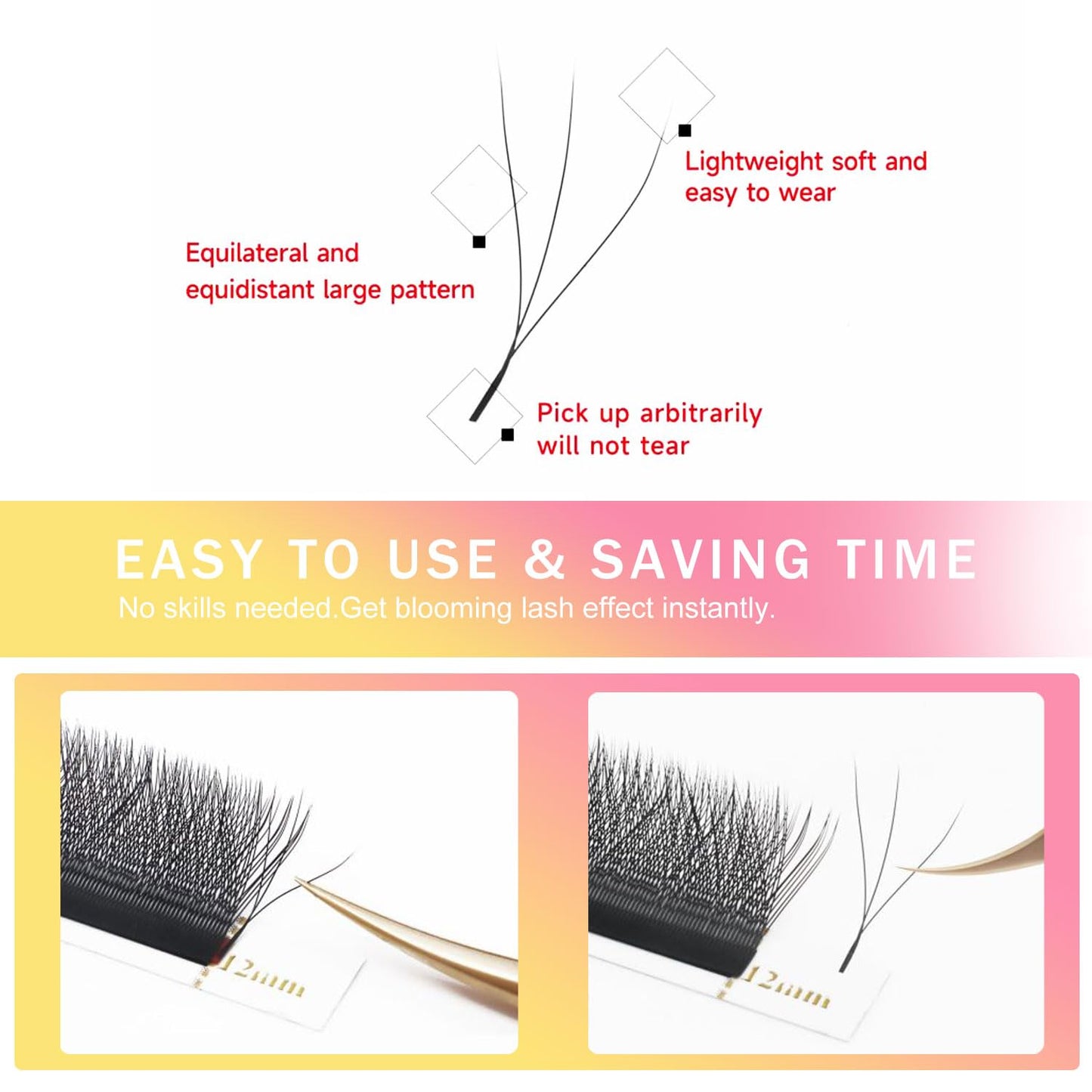 Lash Extensions 3D Eyelash Extensions W Lashes 0.07mm Thickness C Curl Lashes 8mm Soft Lash Trays Pestañas Pelo a Pelo Natural Matte Black False Eyelashes Individual Lashes(W-3D-0.07-C,8mm)