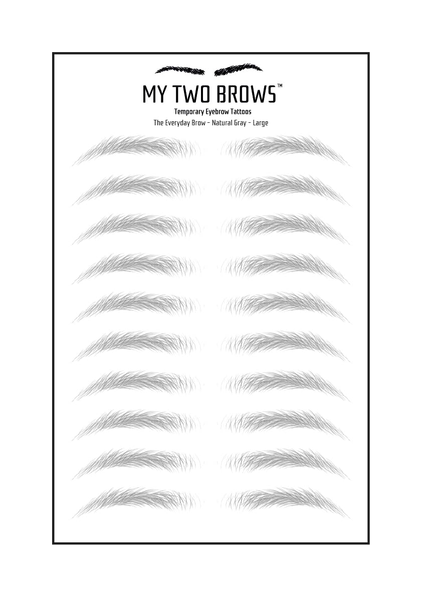 (10 pairs) Natural Gray Temporary Eyebrow Tattoo - Large Size - Waterproof & Smudgeproof - Everyday Brow Style Eyebrow Stickers - Sheet Lasts up to 30 Days - Won't Work on Existing Brows