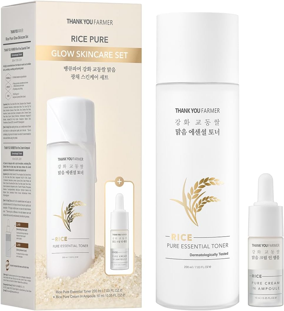 THANKYOU FARMER Rice Pure Skincare Set, Full Size Toner(7.03 fl oz) + Mini Size Ampoule(0.35 fl oz) Korean Skincare Set, Glass Skin