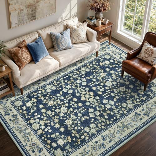 6x9 Ft Floral Area Rugs for Living Room, Non-Slip Soft Washable Carpet Blue by Cuzwlovita
