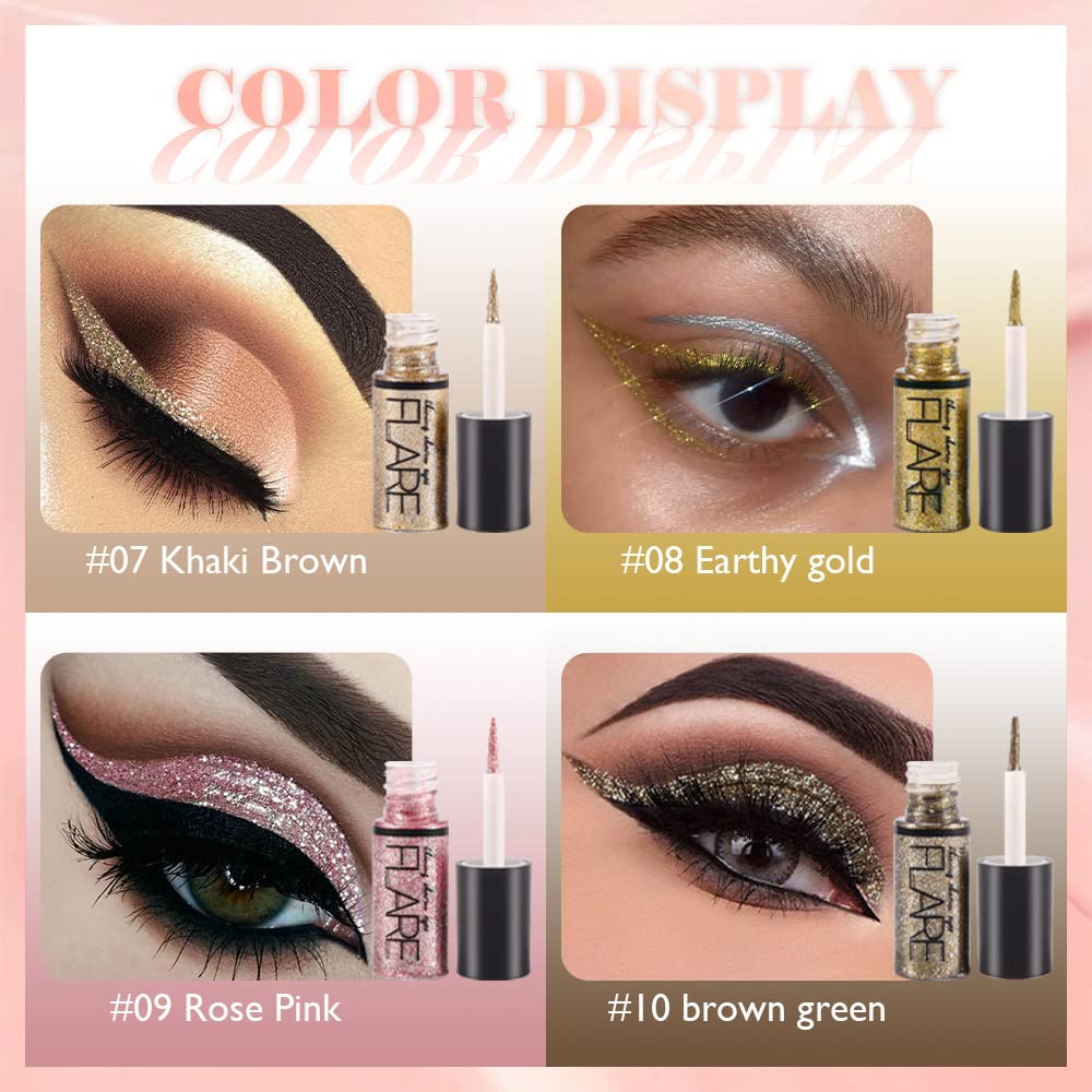 10Pcs Colorful Liquid Glitter Eyeshadow & Eyeliner Sticks Kit – Korean Shimmer Metallic Eye Makeup, Quick-Drying & Waterproof, Vegan & Cruelty-Free, Silver Brown Pink Gold Sparkle sombras de ojos