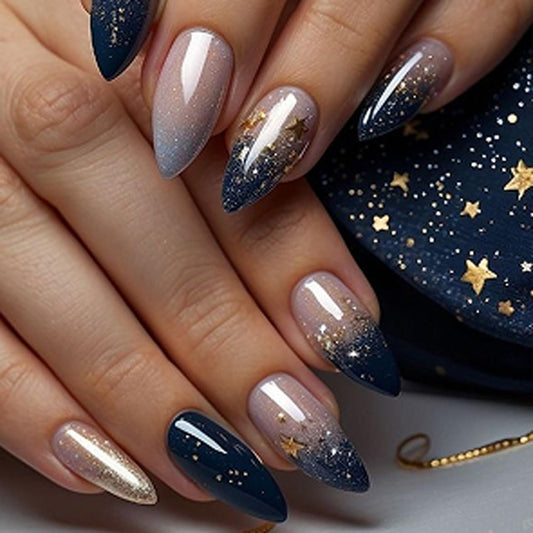 Ombre Press On Nails medium, Almond Fake Nails Featuring a Nude-to-Blue Gradient and accented with golden glitte, Glossy Finish Acrylic Nails, Reusable Glue On Nails for Women, 24Pcs, Golden Tide