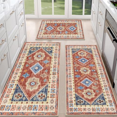 HEBE Boho Kitchen Rugs Set of 3, Non Slip Washable Kitchen Mats by HEBE