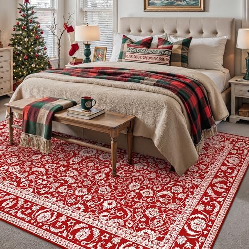 HUGEAR 6x9 Christmas Red Floral Washable Area Rug - Image 4