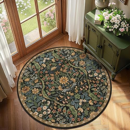 Round Rug 4ft Floral Circle Rug Brown Botanical Indoor Area Rugs - Image 3