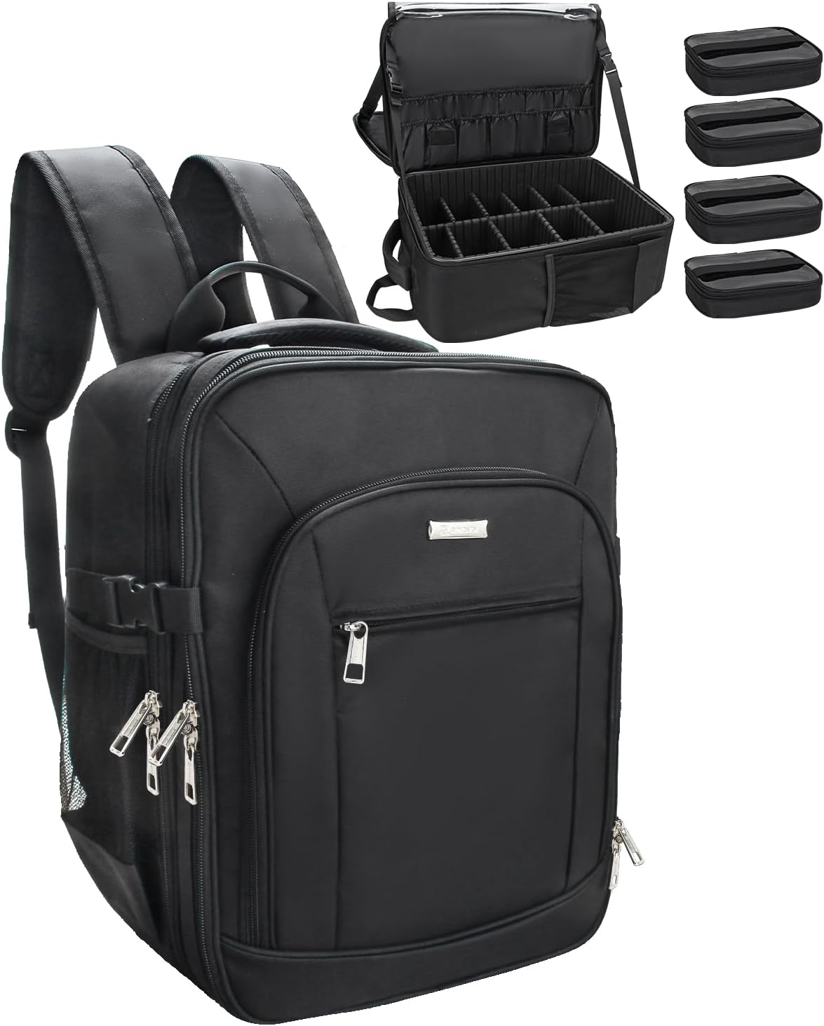 Makeup Backpack Makeup Artist Bag Professional Extra Large Cosmetic Bag Travel Train Case Storage Organizer Double-Layer Large Capacity Cosmetic Case with 4 Pouch(Black)