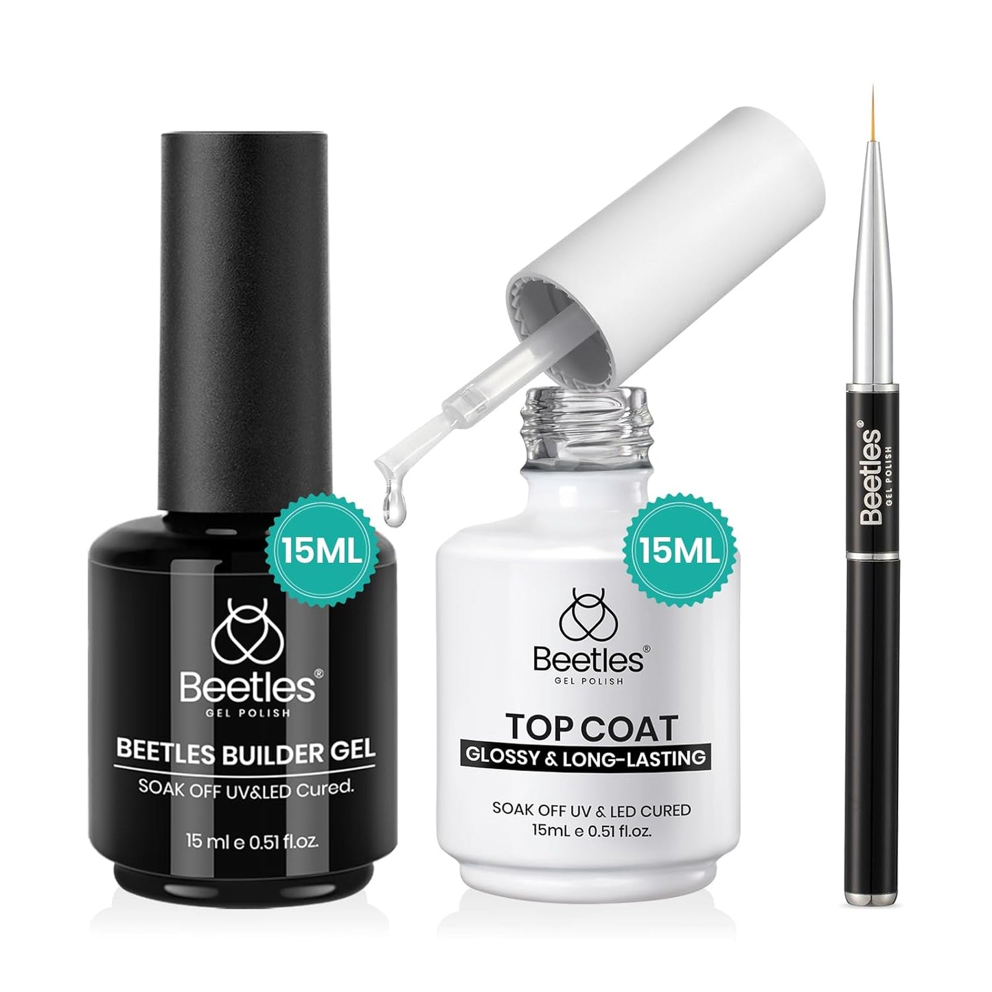 Beetles Builder Gel and Extra Glossy Top Coat No Wipe for Nails, 15ml Low Heat Hypoallergenic Clear 7 in 1 Builder High Shine Long Lasting Top Coat Gel Nail Polish with Detachable Liner Nail Brush