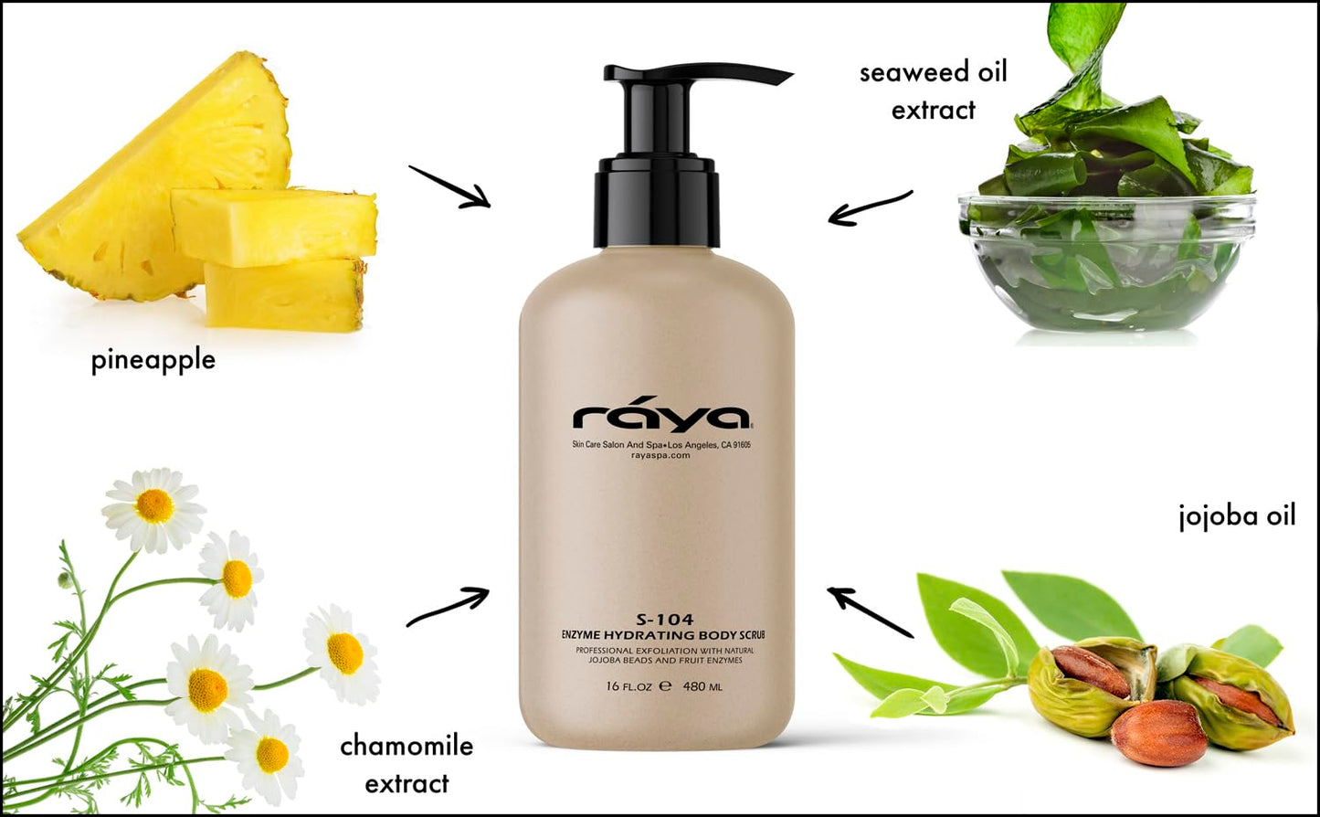 RAYA Enzyme Hydrating Body Scrub 16 oz Pineapple Scent (S-104) | Gentle and Exfoliating Body Scrub | Made with Seaweed, Jojoba Beads, and Fruit Enzymes
