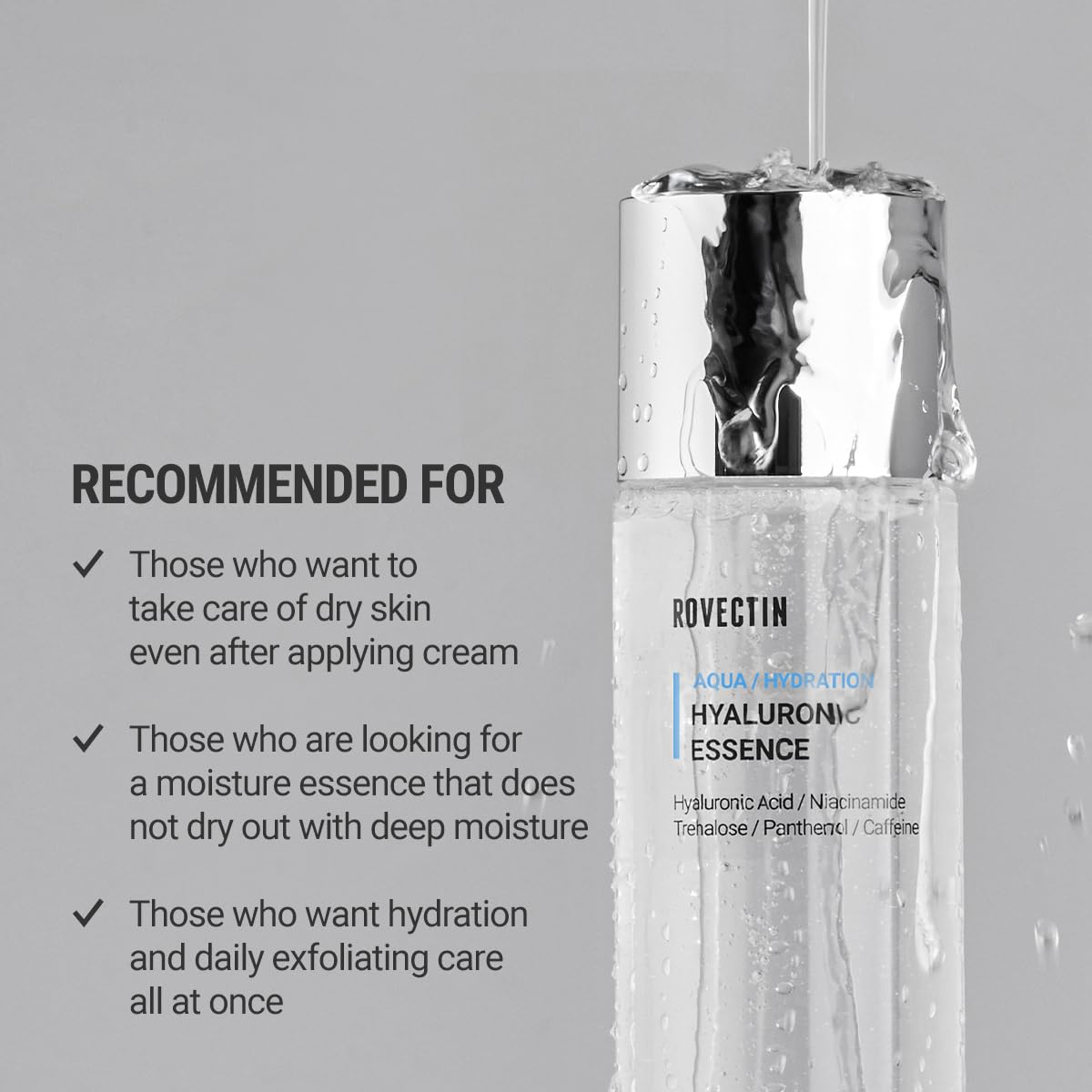 ROVECTIN Aqua Hyaluronic Essence (Activating Treatment Lotion) - 7 Layers Hyaluronic Acid Facial Toner with Niacinamide & Panthenol, Vegan Korean Skin Care (3.38 fl.oz, 100ml)