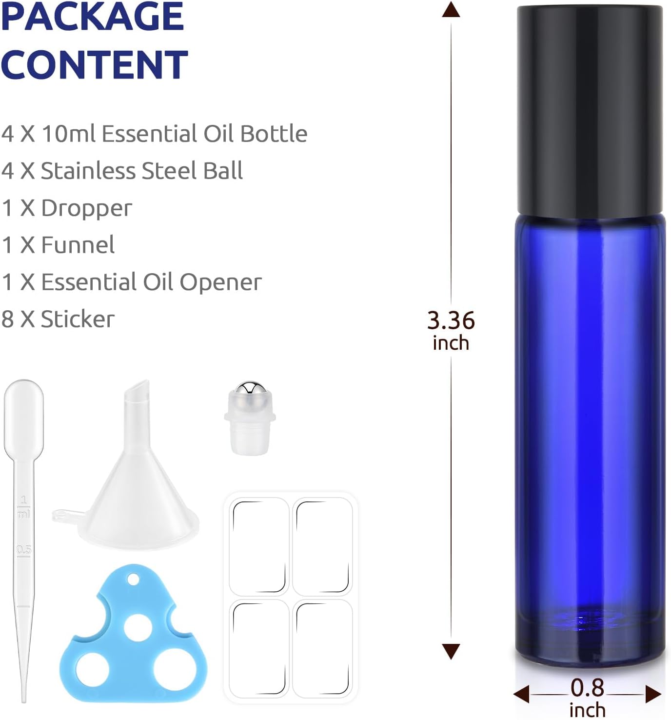 10ml Roller Bottles for Essential Oils, 4 Pack Glass Roll on Bottles Stainless Steel, Opener, Pipettes, Funnel, Stickers, Refillable Container for Perfume