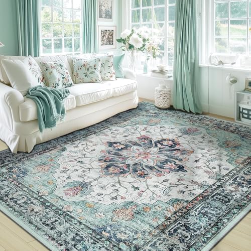 RELEANY Washable Area Rug, Teal Green/White/Navy by RELEANY