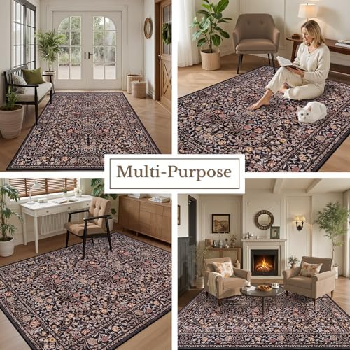 10x12 Area Rug Living Room: Soft Floral Washable Carpet Brown - Image 5