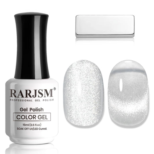 RARJSM Silver Diamond Cat Eye Gel Nail Polish Reflective Translucent Clear White Glitter Cateye Gel Polish 15ml Single Bottle with Magnet Stick UV LED Curing Requires Soak Off for Home Salon