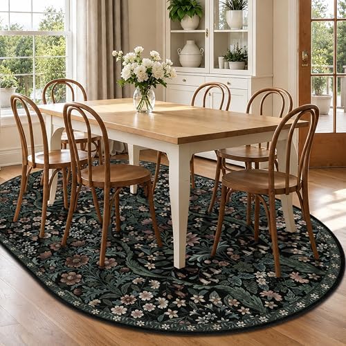 6x9 Oval Washable Rug Black Floral Indoor Non Slip Boho Carpet - Image 2