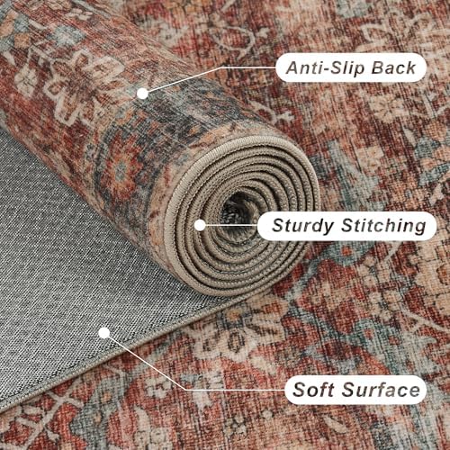 5x7 Washable Rug for Living Room Brick Red Vintage Distressed Bedroom Rug - Image 5