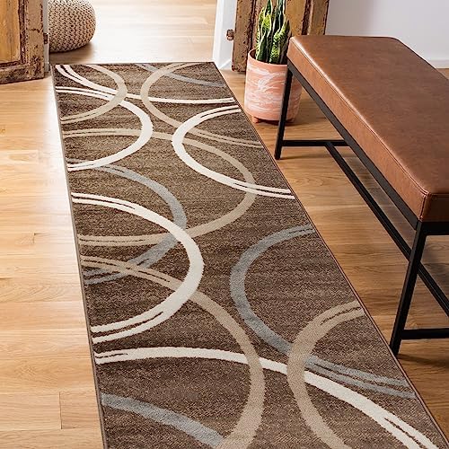 Rugshop Wavy Circles Modern Jute Backing Runner Rug Brown 2' x 7'2" by Rugshop