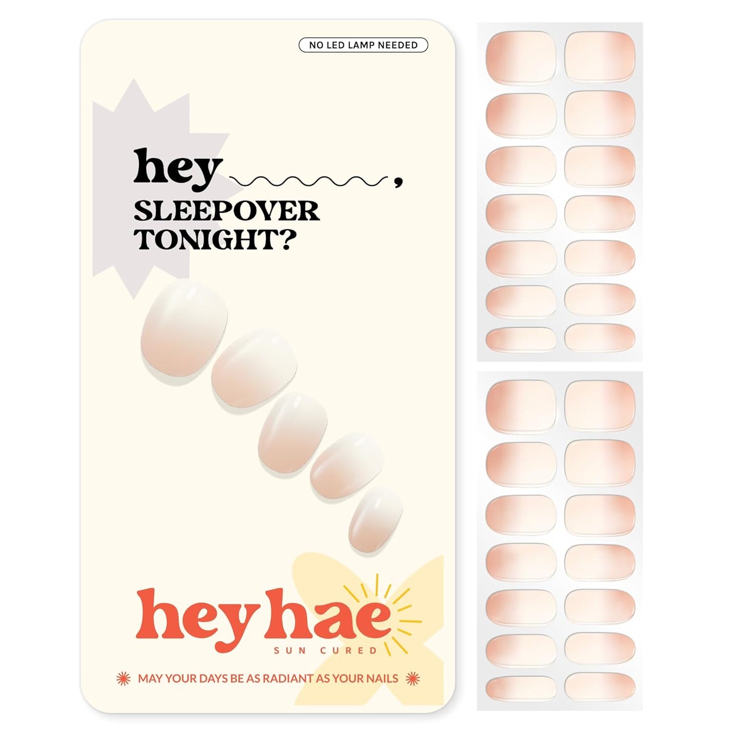Semi Cured Gel Nail Strips | No LED Lamp Needed | Ombre, Neutral, Spring | Easy Apply & Remove, Salon Quality |Includes 28 Strips, 1 Prep Pads, Nail File & Wooden stick- Hey, Sleepover Tonight?