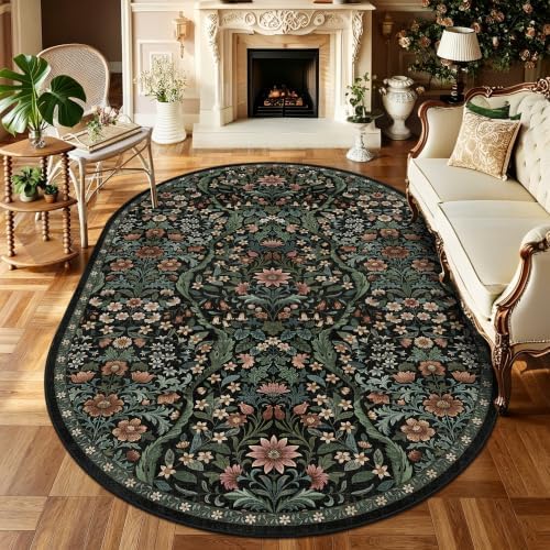 6x9 Oval Washable Rug Black Floral Indoor Non Slip Boho Carpet by NakedCloud