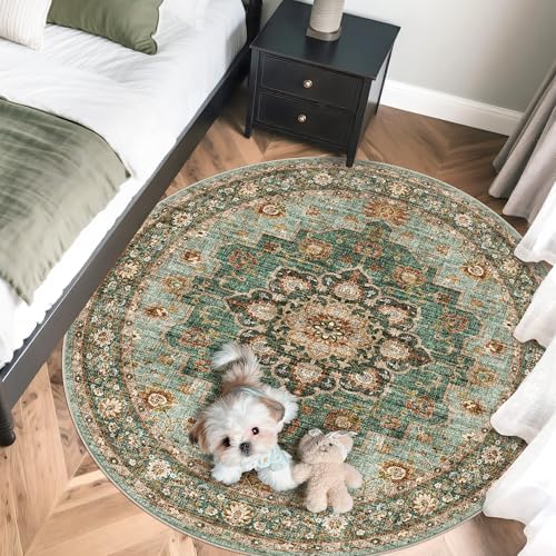 Oriental Washable Round Area Rug: 5ft Non-Slip Round Rugs Soft Carpets - Image 3