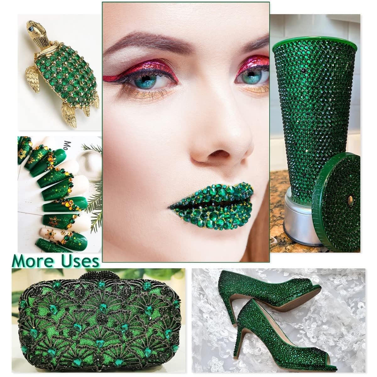 Jade Green Crystal Resin Rhinestones for Crafting 3mm 4mm 5mm Dark Green Flatback Stones Diamonds Crystals Gems Charms for Nails Face Eyes Makeup Tumblers Bottles DIY Crafts Clothes Shoes Phone