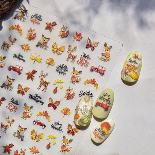 1 Sheet Animal Print Nail Art Stickers 5D Embossed Fox Nail Stickers 3D Self-Adhesive Squirrel Nail Decals Autumn Elk Owl Nail Designs Orange Maple Car Nail Art Decoration for Women Girls Manicure