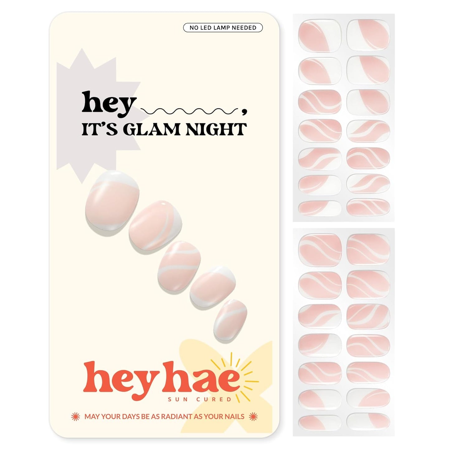 Semi Cured Gel Nail Strips | No LED Lamp Needed | French, Pink, Spring | Easy Apply & Remove, Salon Quality | Includes 28 Strips, 1 Prep Pads, Nail File & Wooden Stick - Hey, It's Glam Night
