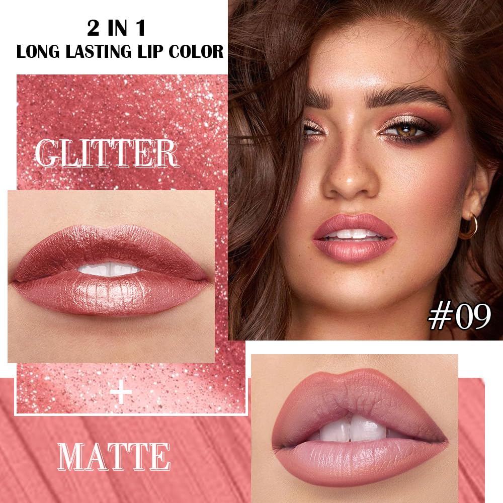 Kaely 2-in-1 Pink Red Metallic Lipstick and Lip Liner, Shimmer Liquid Metallic Lipsticks for Women, Glitter Lip Gloss Stain Long Lasting Waterproof Smudge Proof 24 Hour, Vegan Makeup, 09