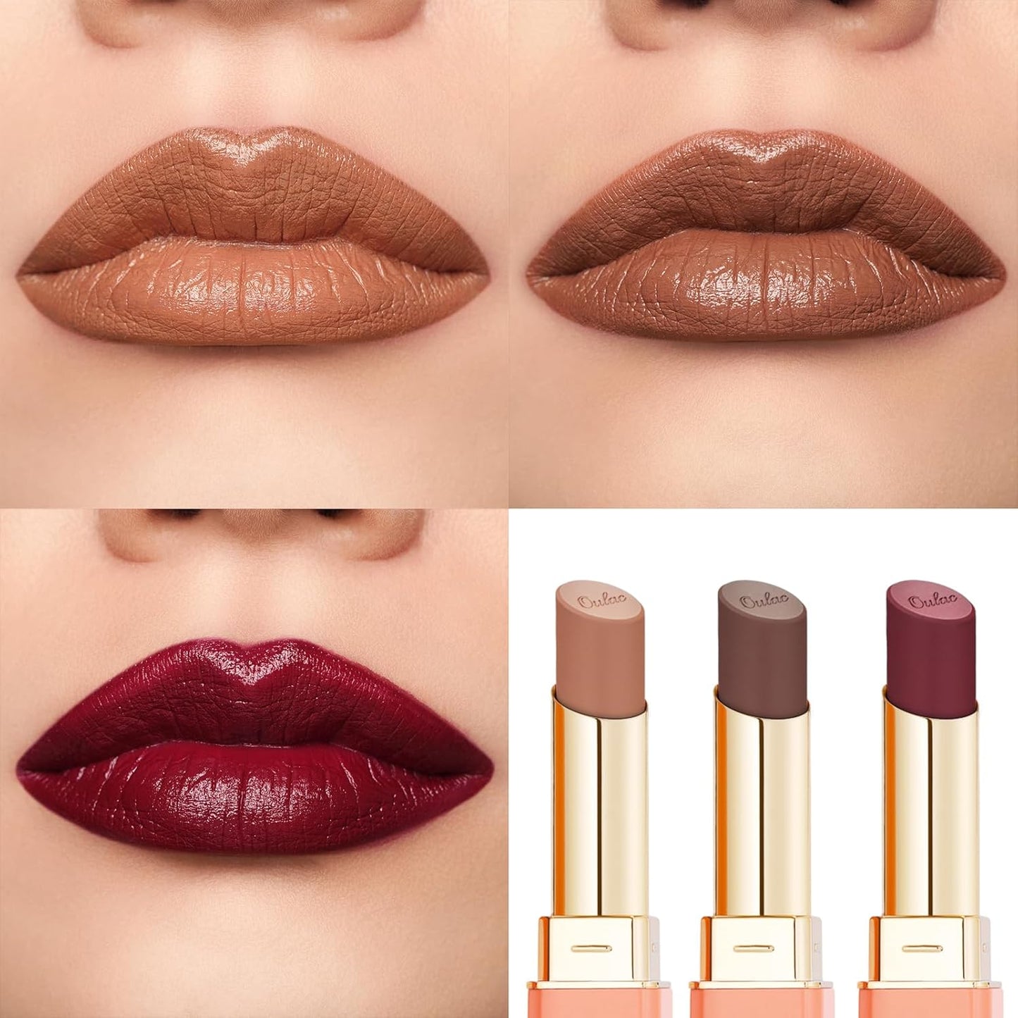 Oulac Color Rich Satin Lipstick Set For Women Nude Brown Lipsticks High Impact Lipcolor Tinted Lip Balm, Nourishing, Satin Finish, Moisturizing Creamy Formula, Vegan Gluten Free (10+12+13)