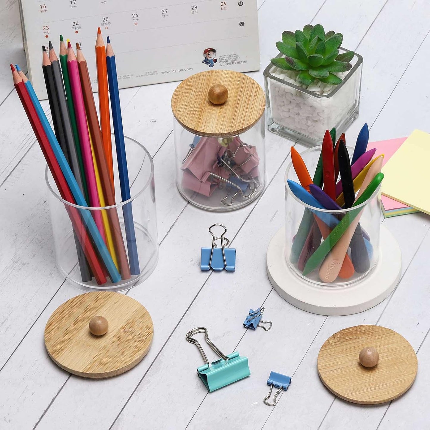 Tbestmax 4 Pack Qtip Holder Dispenser Cotton Ball, Cotton Swab, Floss - 12oz, 10 oz Clear Plastic Apothecary Jars for Bathroom Organizer and Storage Containers (Bamboo Lids)