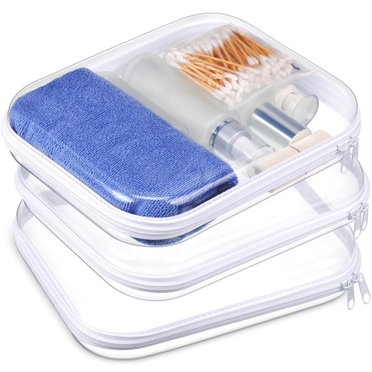 Hoolerry 3 Pcs Clear Hard Zipper Case Plastic Pouch Transparent Hard Case Clear Makeup Bag Portable Travel Organizer Bin for Cosmetics, Building Blocks, Puzzles(White,M)