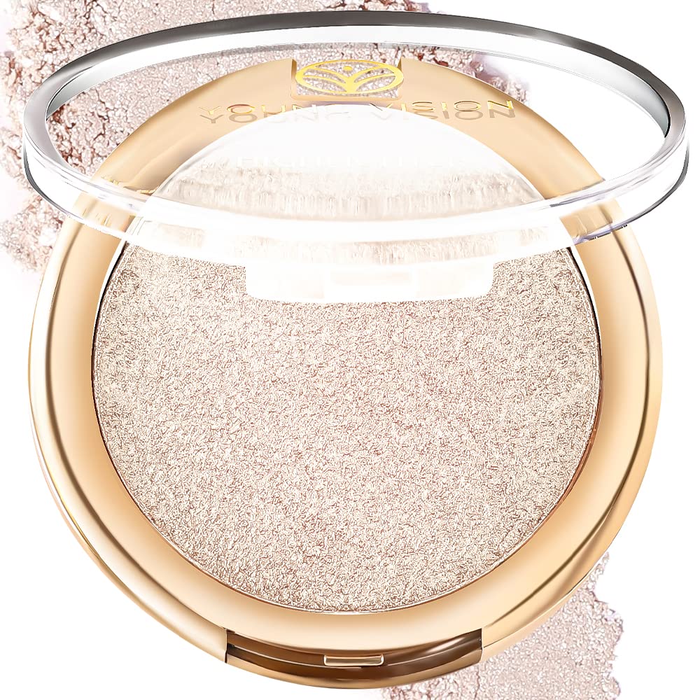 YOUNG VISION Pressed Powder Highlighter, Baked Natural Glow Contour Powder & Face Highlighter, Cruelty Free, Shimmer Highlighting Makeup for Face, Eye, Eyeshadow, Body, Skin (White)