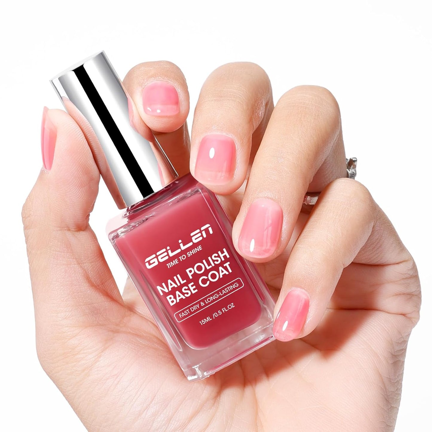 Gellen 4‑in‑1 Clear Nail Polish Base Coat Sheer Tinted Red, Ridge Filler, Nail Strengthener & Concealer, Calcium Formula Strengthens Nails, Natural Color Enhances Natural Look, No HEMA, Anti-yellowing