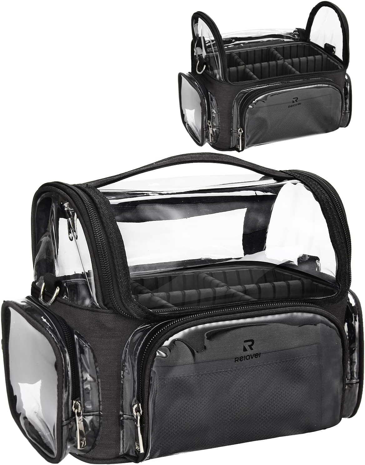 Makeup Brush Case, Large Makeup Brush Holder Professional Makeup Artist Travel Case Clear Waterproof Cosmetic Organizer Bag, Full Open Easy to Access, with Adjustable Strap and Dividers