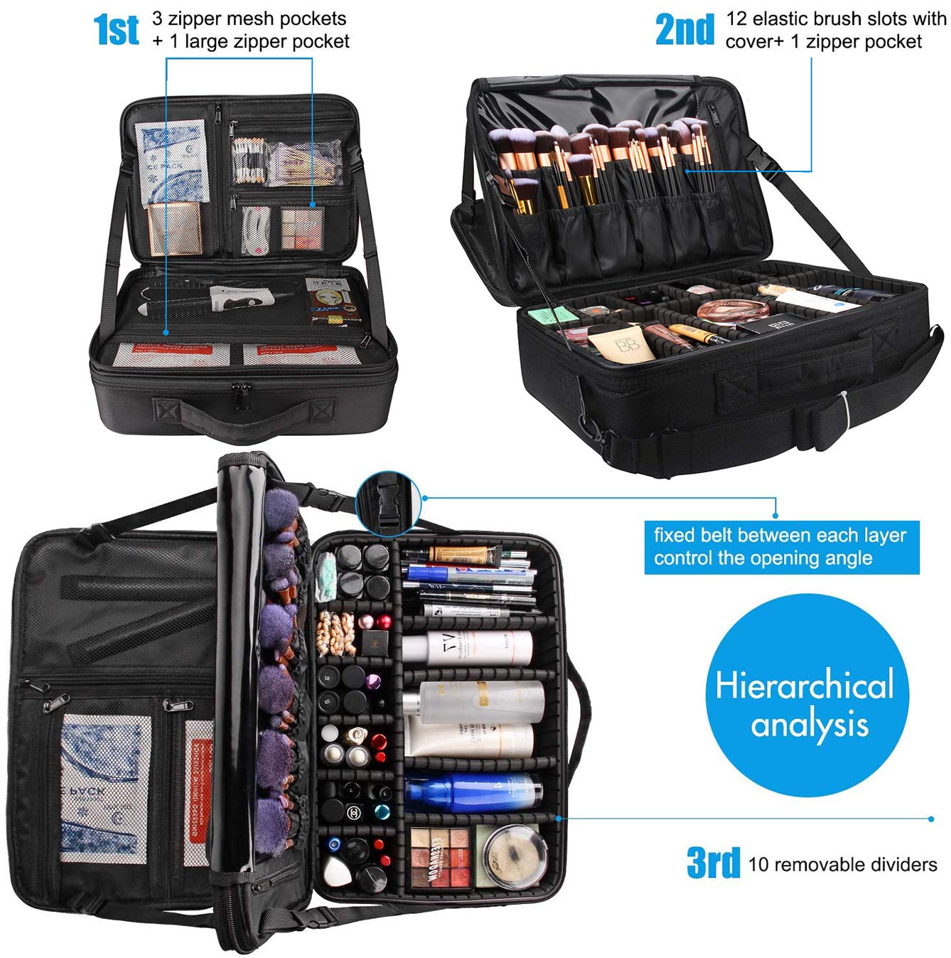 MONSTINA 16.5'' Large Capacity Makeup Case 3 Layers Cosmetic Organizer Brush Bag Barber Train Case Makeup Artist Box for Hair Curler Hair Straightener Brush Set and Cosmetics