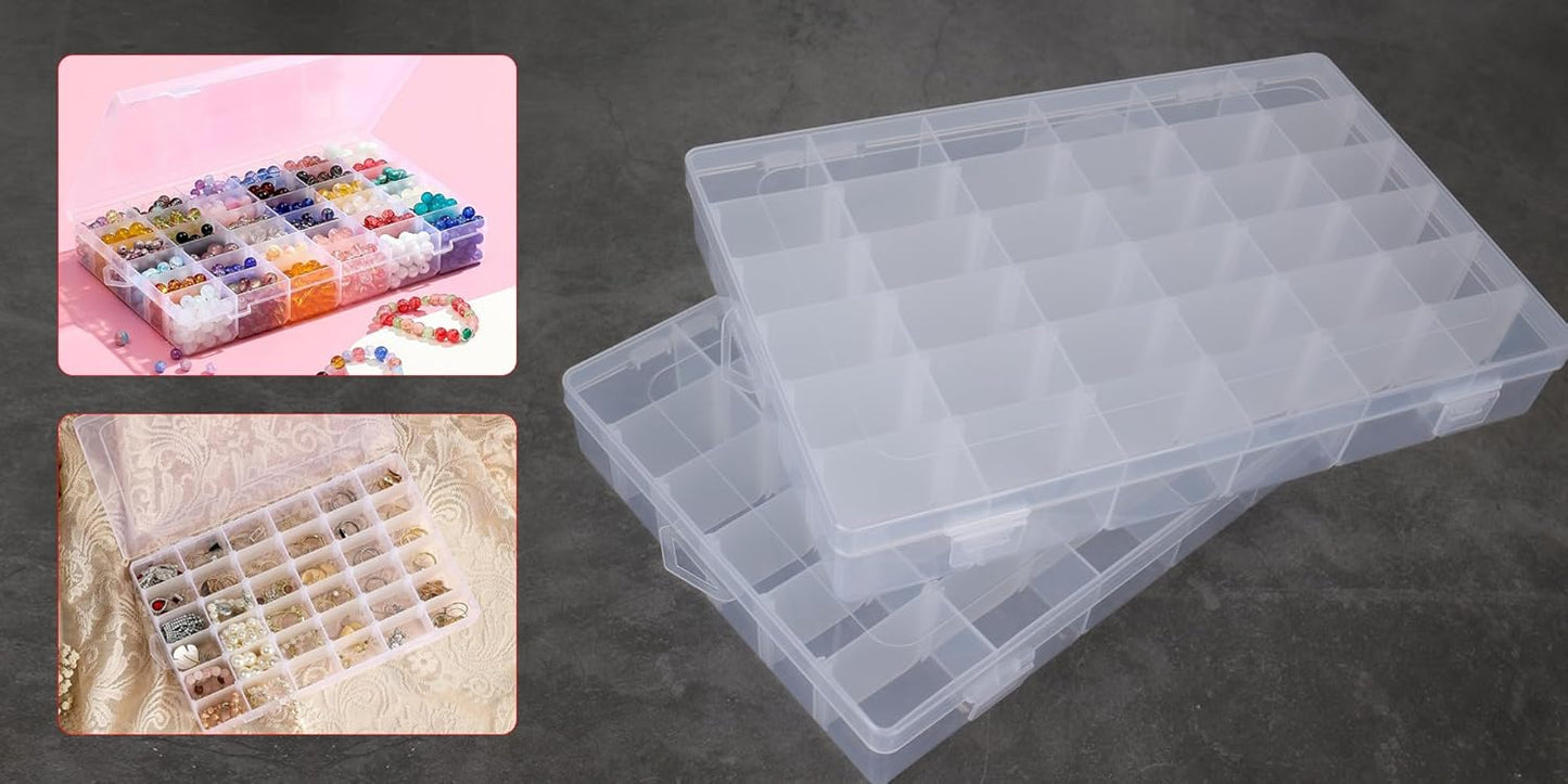 2Pcs Clear Visible Plastic Storage Box- Rectangular Storage Box, Suitable For Beads, Screws Hardware Accessories Organizer Box Art DIY, Crafts, Jewelry, Fishing Tackle, With Label Stickers (36Grids)