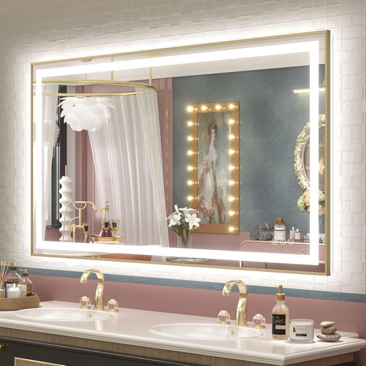 OKPAL 44x30 Gold Lighted Bathroom Mirror with Lights, Frontlit & Backlit LED Bathroom Mirror, Lighted Vanity Mirror, Anti-Fog, Dimmable 3 Colors, Shatterproof, Horizontal/Vertical