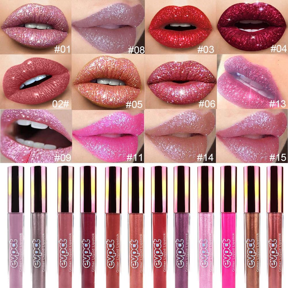 evpct 2Pcs Red Glitter Metallic Shimmer Diamond Lipstick Lip Gloss Stain Set for Women Long Lasting Waterproof, Dark Hot Bright Red Sparkle Glitter Matte long wear Liquid Lipstick Lip Makeup Kit