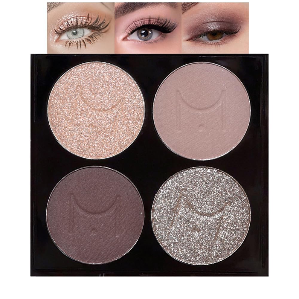 Nude Eyeshadow Quad Palette, Champagne Dusty Pink Plum Mauve Taupe Glitter Metallic Shimmer Matte High Pigment Mini Eyeshadow Eye Shadow Palette Makeup for older Women, Travel Size Built in Mirror