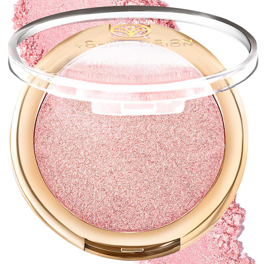 YOUNG VISION Pressed Powder Highlighter, Baked Natural Glow Contour Powder & Face Highlighter, Cruelty-Free, Shimmer Highlighting Makeup for Face, Eye, Eyeshadow, Body, Skin (Pink)