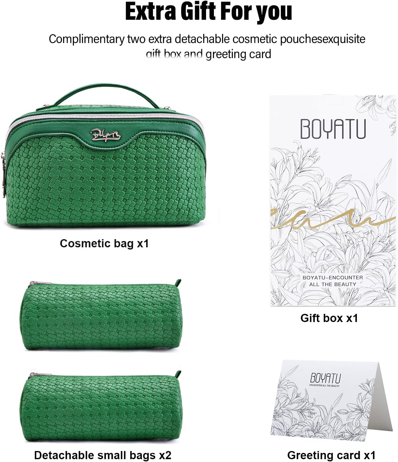 BOYATU Travel Makeup Bag Cosmetic Bags for Women: Large Capacity 3 Pcs Set Make up Bag with Compartments - Waterproof Vegan Leather Toiletry Organizer Bags with Handle - Travel Essentials(L12 Green)