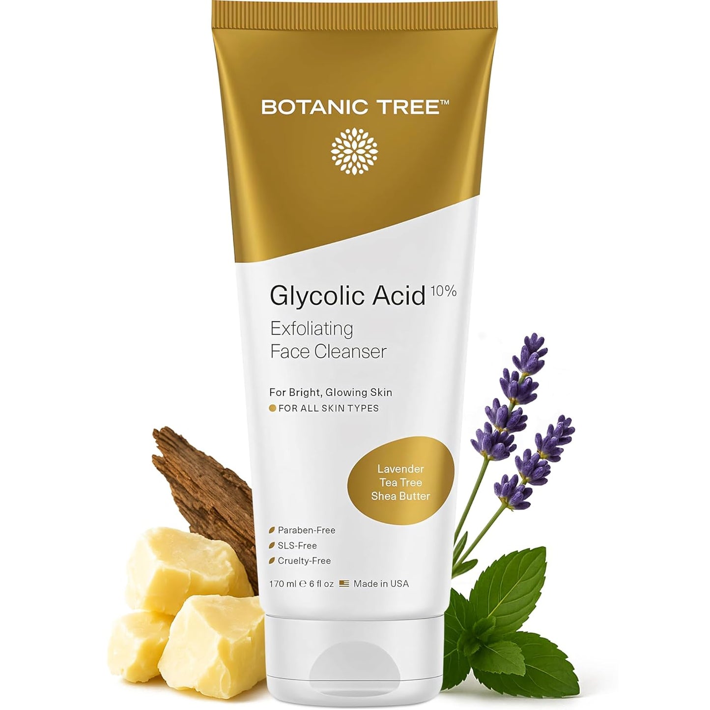 Botanic Tree Glycolic Acid Face Wash, Exfoliating Facial Cleanser and Scrub, 10% Glycolic Acid, AHA and Salicylic Acid, 6 fl. oz