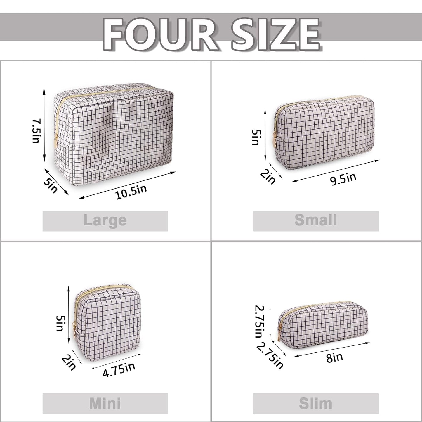 Small Makeup Bag Pouch for Purse，Nylon Travel Toiletry Storage Bag Preppy Checkered Cosmetic Bag for Women Girls，Waterproof Makeup Organizer Bag Pouch Skincare Bag with Zipper (Small-Checkered)