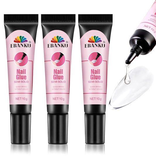 3PCS Quick Drying Solid Nail Glue for Press ons, EBANKU 30g Super Strong Glue Semi Solid Nail Gel Long Lasting Gel (No UV Lamp Needed)