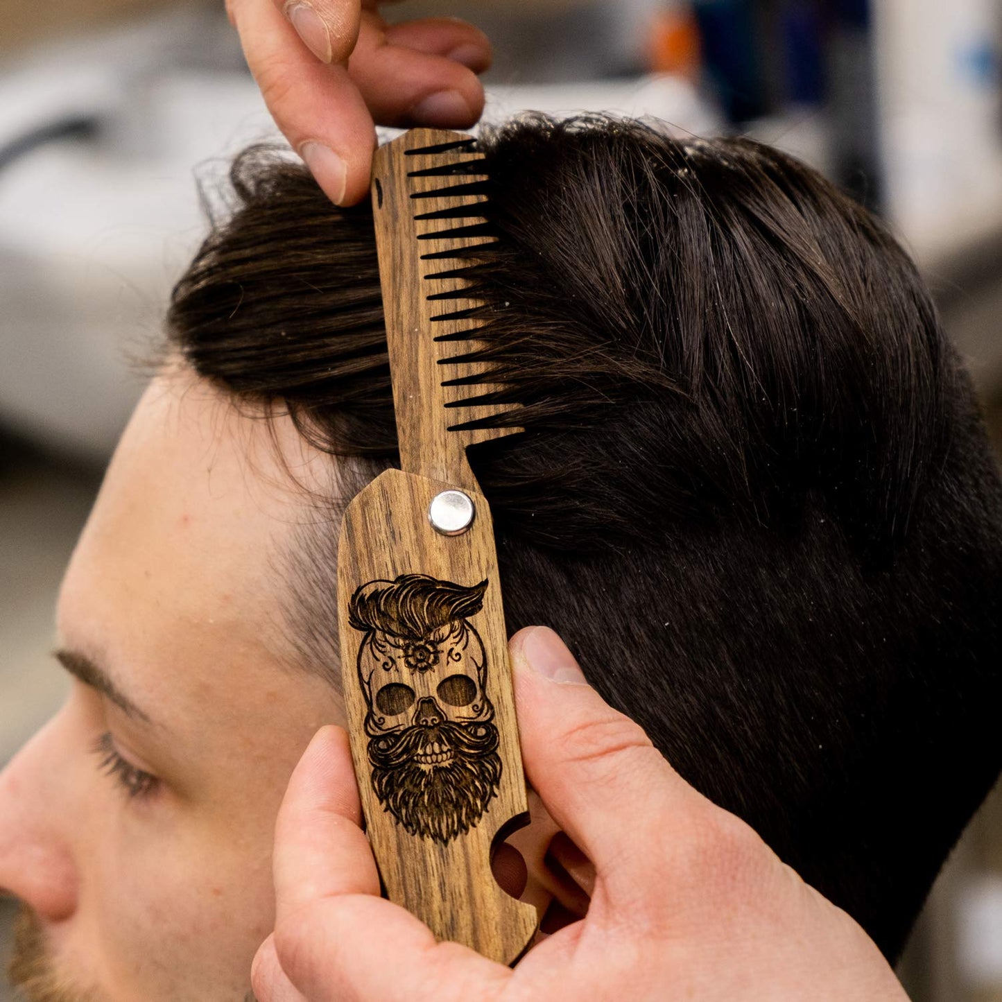 Beard Comb Gifts for Him Wooden Comb for Men Folding Pocket for Moustache Hair Walnut Combs Husband with the Engraving (Fear The Beard) (Model SK)