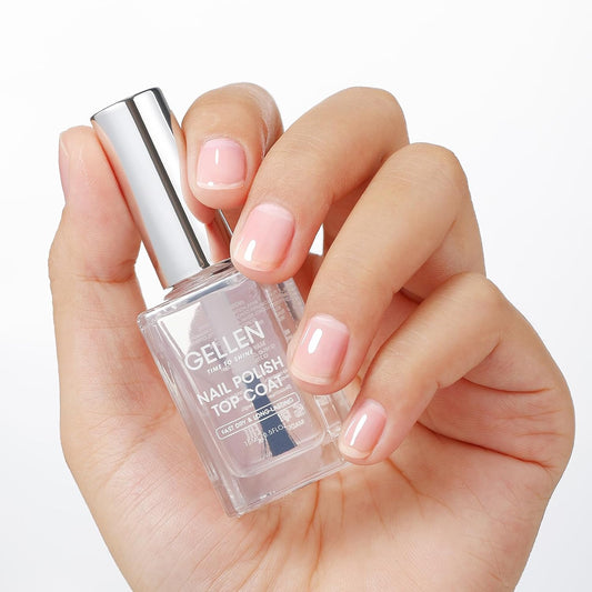 GELLEN Clear Nail Polish Top Coat, Shine Glossy Regular Nail Polish, Calcium Formula Strengthens Nails, Quick Air Dry, No Wipe, Long Lasting, Chip Resistant, Not UV Gel, Hema Free, Non-toxic, 15ml