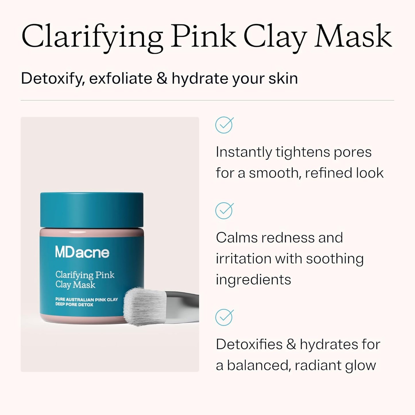 MDacne Clarifying Clay Face Mask - Deep Pore Detox with Australian Pink Clay - Detoxifying, Exfoliating & Brightening - Reduce Skin Redness & Irritation for Sensitive Acne-Prone Skin (1 Pack)