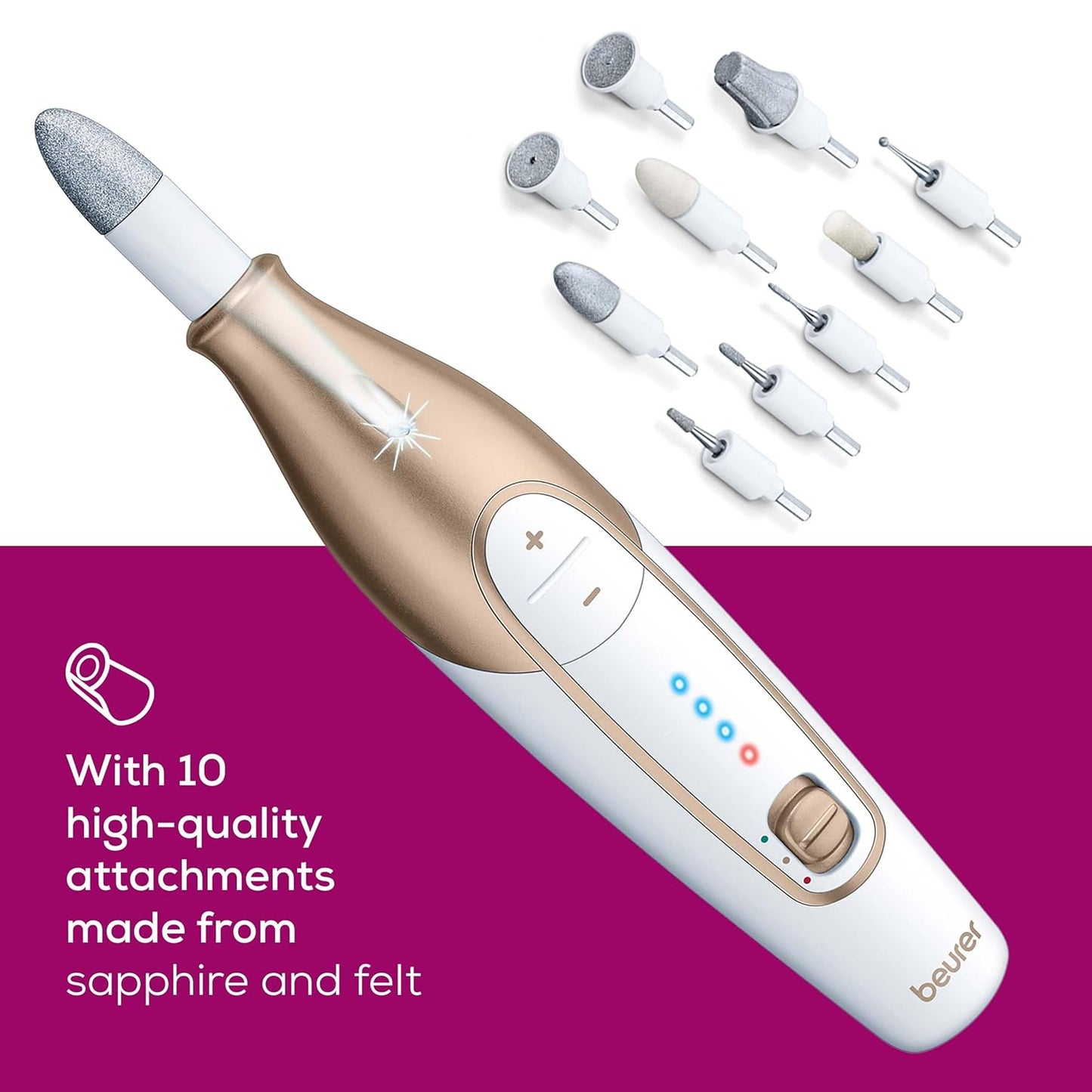 Beurer MP64 Nail Drill Kit, Cordless Electric Nail File with 10 Attachments and LED Light, Electric Manicure Set with Adjustable Speed, E-File for Manicure and Pedicure, with Storage Case